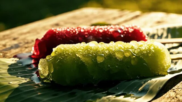 chuski - Vibrant, dew-covered fruit rolls resting on a lush green leaf, showcasing a serene outdoor setting with soft sunlight filtering through the trees