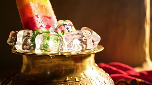 chuski - Vibrant ice popsicle resting on a traditional brass bowl filled with ice cubes, set against a warm, rustic background with colorful fabric accents