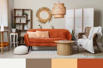 Interior of modern living room with brown sofa and stylish mirror. Different color patterns