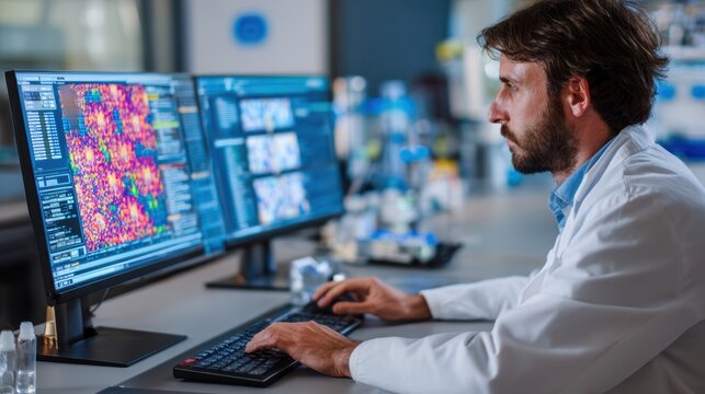 Scientist analyzing data on dual computer screens in a modern laboratory setting.
