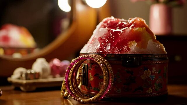 chuski - A beautifully decorated box filled with colorful ice dessert sits on a wooden dresser adorned with jewelry, surrounded by soft lighting and floral decor