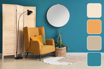 Cozy armchair, folding screen and mirror in interior of living room. Different color patterns