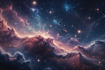 Fototapeta premium Stunning Cosmic Nebula with Floating Particles and Breathtaking Starry Landscape