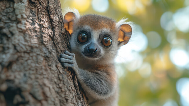 lemur on mossy tree trunk in tropical forest