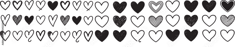 Poster vector illustration of 40 unique hand-drawn heart icons in black and white. each heart varies in out
