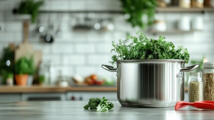 A pot filled with fresh, green herbs sits on a modern kitchen counter, emphasizing healthy cooking and the beauty of homegrown ingredients in daily meals.