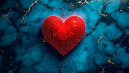 A red heart on a blue and golden marble background