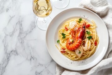 Elegant seafood pasta dish with lobster fine dining restaurant plate presentation marble tabletop close-up view gourmet concept
