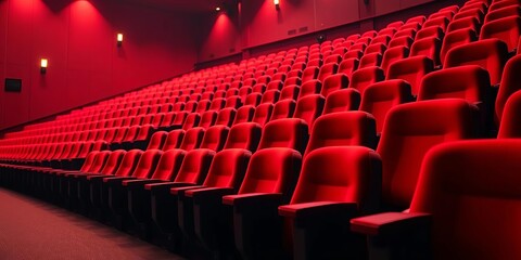 Rows of plush red theater seats tiered upward,  auditorium,   classic