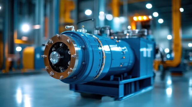 A close-up view of a blue industrial machine in a modern factory setting highlights technology and precision, emphasizing innovation within the manufacturing industry. - Powered by Adobe