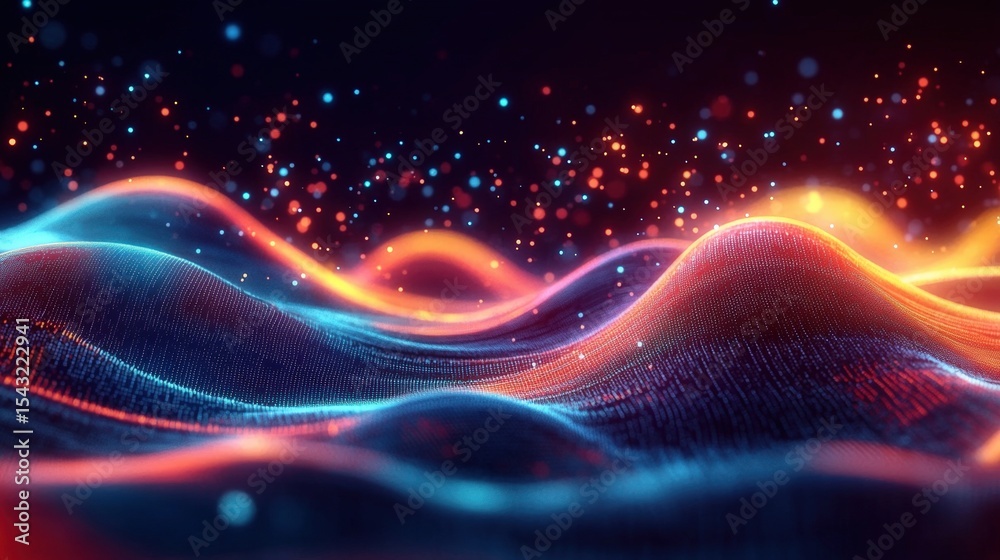 Poster dynamic abstract waves of colorful light particles create a futuristic digital landscape with vibran
