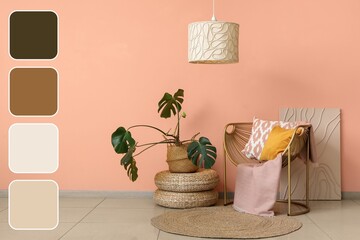 Houseplant, poufs and armchair near coral wall in room. Different color patterns