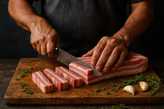Chef slicing fresh raw pork belly on wooden board with garlic and thyme herbs, preparing ingredients for gourmet meal - Powered by Adobe