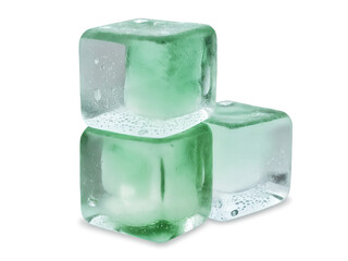 Transparent Ice Cubes with Water Droplets, Mint Green Hue Clear ice cubes with a refreshing mint green tint, each adorned