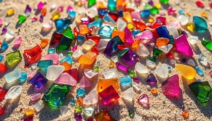 Fototapeta premium Scattered multicolored glass shards gleam on sunlit sand, creating a vibrant texture, sunlight, ocean