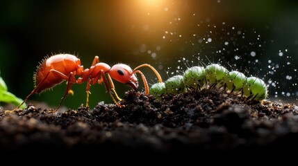 A close-up perspective of a red ant interacting with a green caterpillar amidst fresh soil droplets, showcasing nature's intricate relationships and moments.