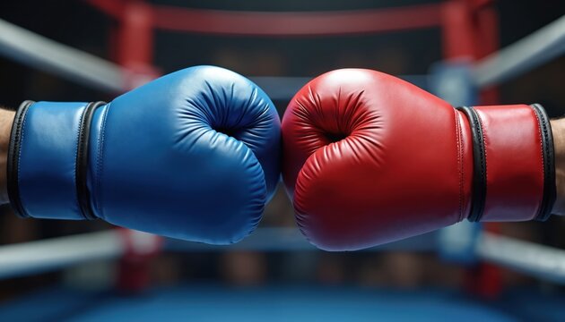 Red and blue boxing gloves touch in ring ready for match. Combat sports, boxing concept. Close-up of professional fighters equipment at event. Competition fight. Championship arena, focus on gloves.