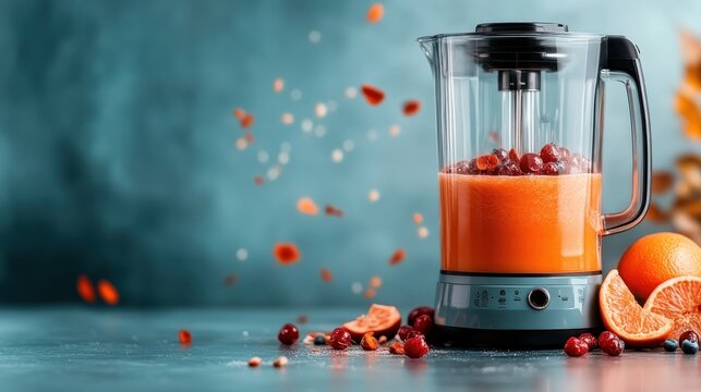 A high-quality blender filled with fresh fruits, including oranges and cranberries, creating a visually appealing scene perfect for culinary or health-related content.