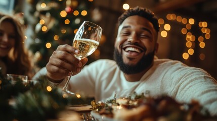 A jubilant man raises a glass of wine in celebration, surrounded by festive decor, capturing the warmth and joy of shared moments with friends during gatherings.