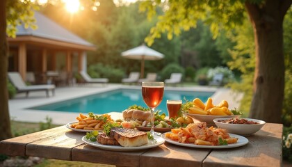 Lunch table garden patio near swimming pool. Weekend celebration meal with friends. Outdoor social gathering, home cooking event. Delicious food, drinks, sun, leisure time. Romantic date, brunch,