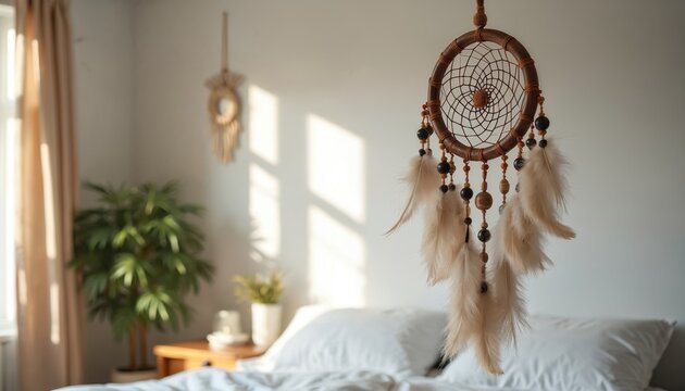 Bohemian dreamcatcher with feathers and beads adorns a neutral-toned bedroom. Decorative handmade item. Warm sunlight through window, peaceful interior design, cozy atmosphere, relaxation.