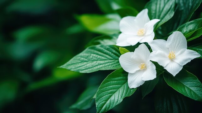 A captivating close-up of pure white flowers nestled among vibrant green foliage, symbolizing tranquility, peace, and the serene beauty found in nature's embrace.