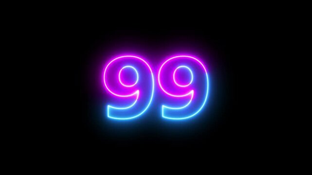 Abstract glowing neon text 99 number countdown icon. Educational mathematics 99 animation on black background.