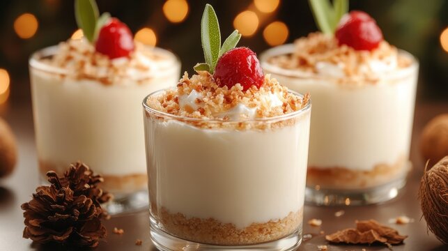 Three charming mini cheesecakes adorned with luscious toppings and cherries, offering a perfect blend of sweetness and indulgence for dessert lovers in a cozy setting.