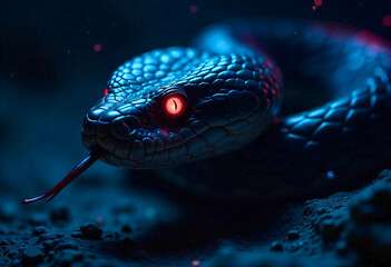 Mysterious Snake with Glowing Red Eyes in Darkness