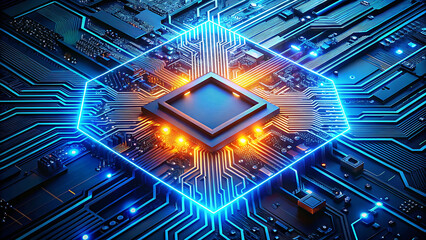 Abstract Digital Artwork of a Circuit Board with Central Processor Illuminated by Blue and