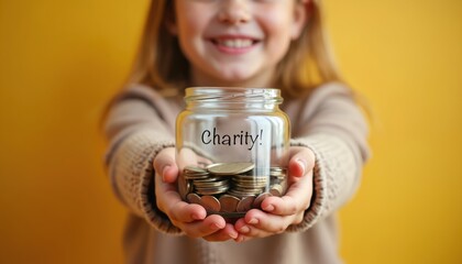 Young girl holds glass charity jar filled coins. Warm background promotes generosity, kindness. Happy child giving money for donation, support. Ideal for advertising fundraising campaign, financial
