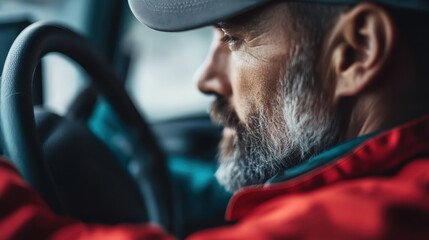 A mature man with a beard, deeply focused while driving in a vehicle, highlighting moments of introspection and determination in a thoughtful atmosphere within a modern setting.