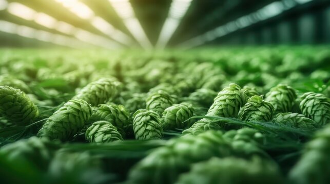 This image showcases a sprawling field of lush green hops, highlighting the beauty of nature in farming and the importance of fresh ingredients in brewing.
