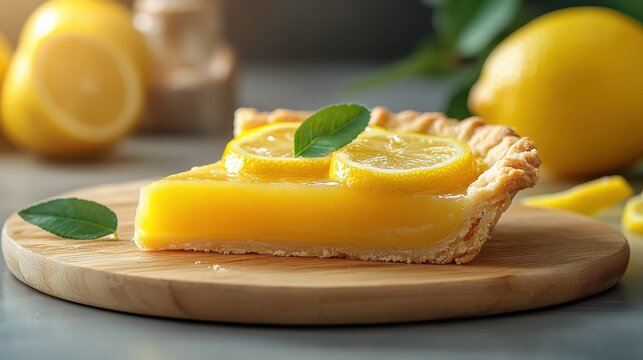 A scrumptious slice of lemon pie topped with fresh lemon slices and green leaves, beautifully presented on a wooden board amidst lemon fruits in a bright kitchen setting. - Powered by Adobe