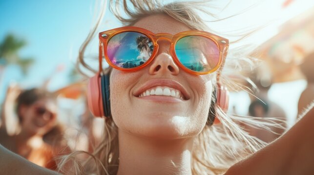 A joyful woman with sunglasses and headphones revels at a lively outdoor event, capturing the essence of summer fun, freedom, and the joy of music and connection.