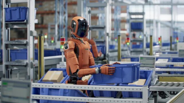 3D Animation: Autonomous AI-Enabled Humanoid Robot Working at Fulfillment Center. He is Moving Boxes and Sorting Packages. Automated Warehouse or Logistics Center with General Purpose Humanoid Robots