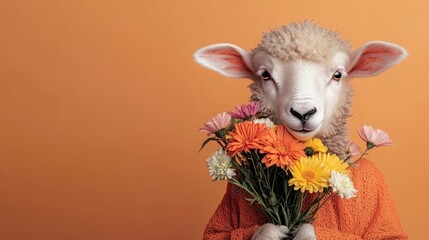 A whimsical sheep wearing an orange sweater and holding a bouquet of flowers creates a playful and surreal image that blends humor with creativity and charming character.