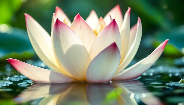 Lotus flower blooms in the water with pink tipped petals