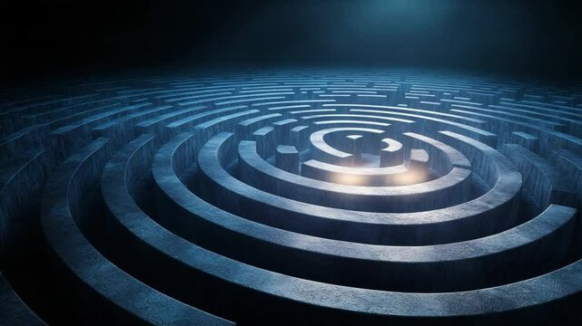 Maze of Intricacy: A top-down, photorealistic view of a winding maze in a darkened, mysterious environment, evoking a sense of challenge and exploration.