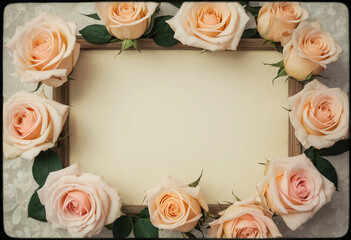 Soft pink roses encircle a blank card, inviting personal touches and heartfelt notes. A serene layout perfect for special occasions like birthdays or anniversaries Generative AI