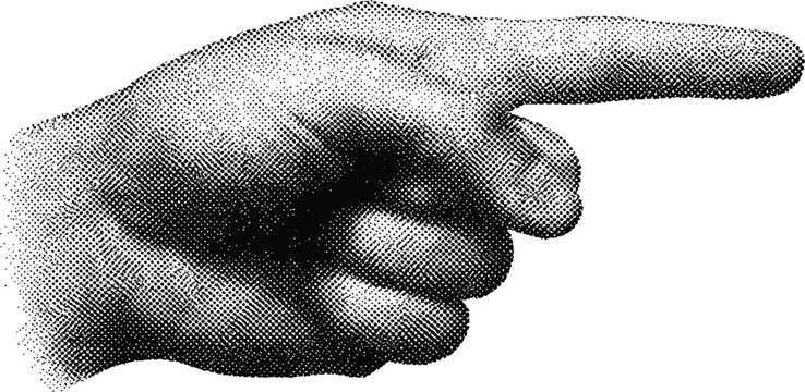 Halftone Pointing Finger: A detailed hand illustration, index finger extended, perfect for conveying direction, guidance, or emphasis.