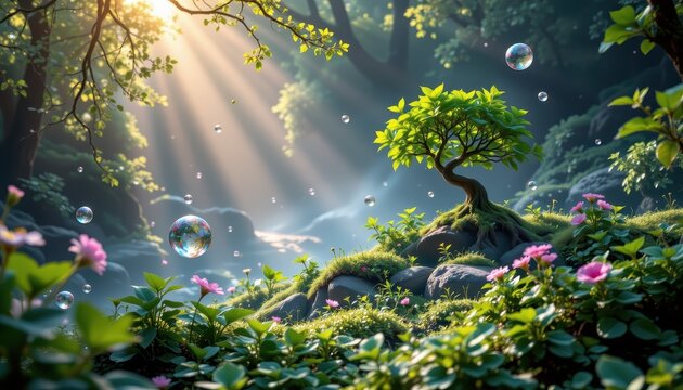 magical moringa forest protecting floating cells from oxidants in air, dreamy nature fantasy blend, soft mist, glowing protective aura