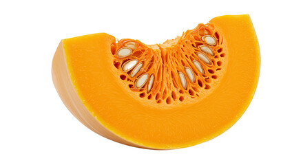 Close-up view of a fresh pumpkin slice with seeds isolated on black background