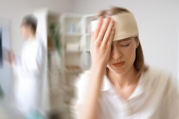 Young woman with brain concussion visiting doctor in clinic