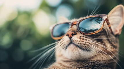 This stylish cat wearing sunglasses sits confidently against a blurred green backdrop, exuding charm and a relaxed vibe, perfect for feline enthusiasts and cat lovers alike.