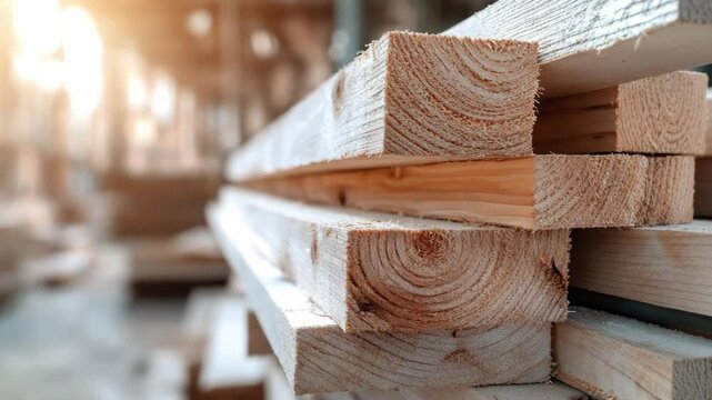 In a lumber yard, freshly cut wooden planks are stacked neatly, showcasing their grain and texture as warm sunlight bathes the scene in a soft glow, perfect for future building needs