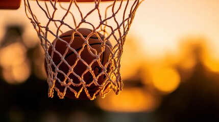 A thrilling capture of a basketball swishing through a net at sunset, celebrating the excitement of sport in a dynamic and colorful outdoor setting.