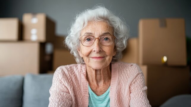 An elderly woman radiates warmth and joy while surrounded by packed boxes, symbolizing new beginnings and the emotional journey of moving to a new home or chapter in life.