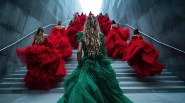 A stunning image captures a woman in an elegant green dress standing at the forefront of a staircase, with several striking red gowns in the background, showcasing fashion vibrantly.