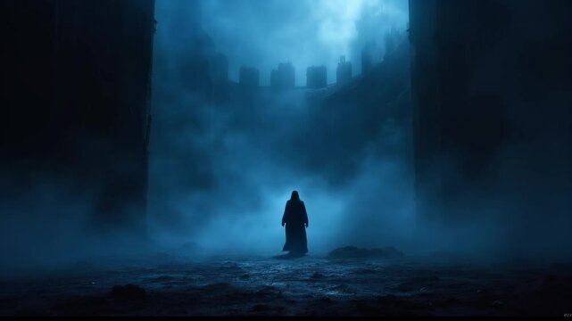 Mysterious figure walking towards foggy castle